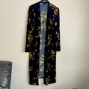 Torrid Long Black Stretchy Cardigan with yellow/gold Flowers
